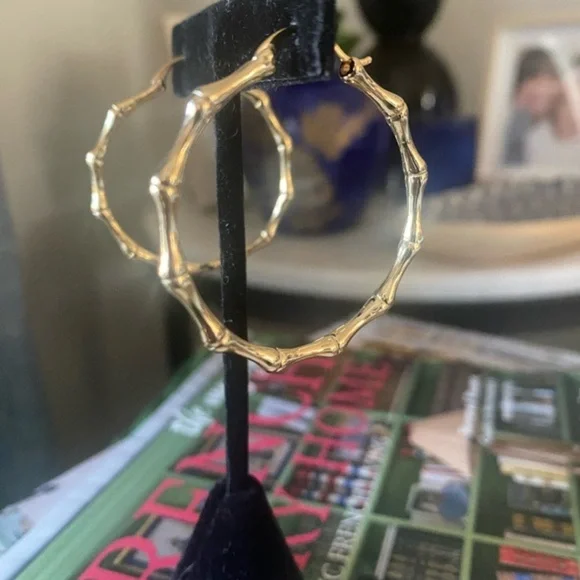 Womens Gold Bamboo Hoop Earrings 18K Gold‎ Plated - Picture 6 of 8